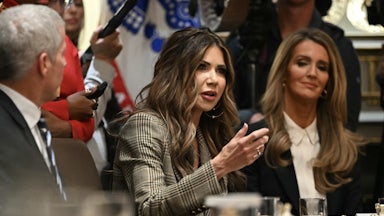 Homeland Security Secretary Kristi Noem speaks during a Cabinet meeting at the White House.