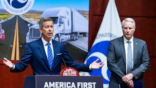 U.S. Secretary of Transportation Sean Duffy, left, and Jesse Ellison, chief counsel for the Federal Motor Carrier Safety Administration, during a news conference in Washington, D.C.
