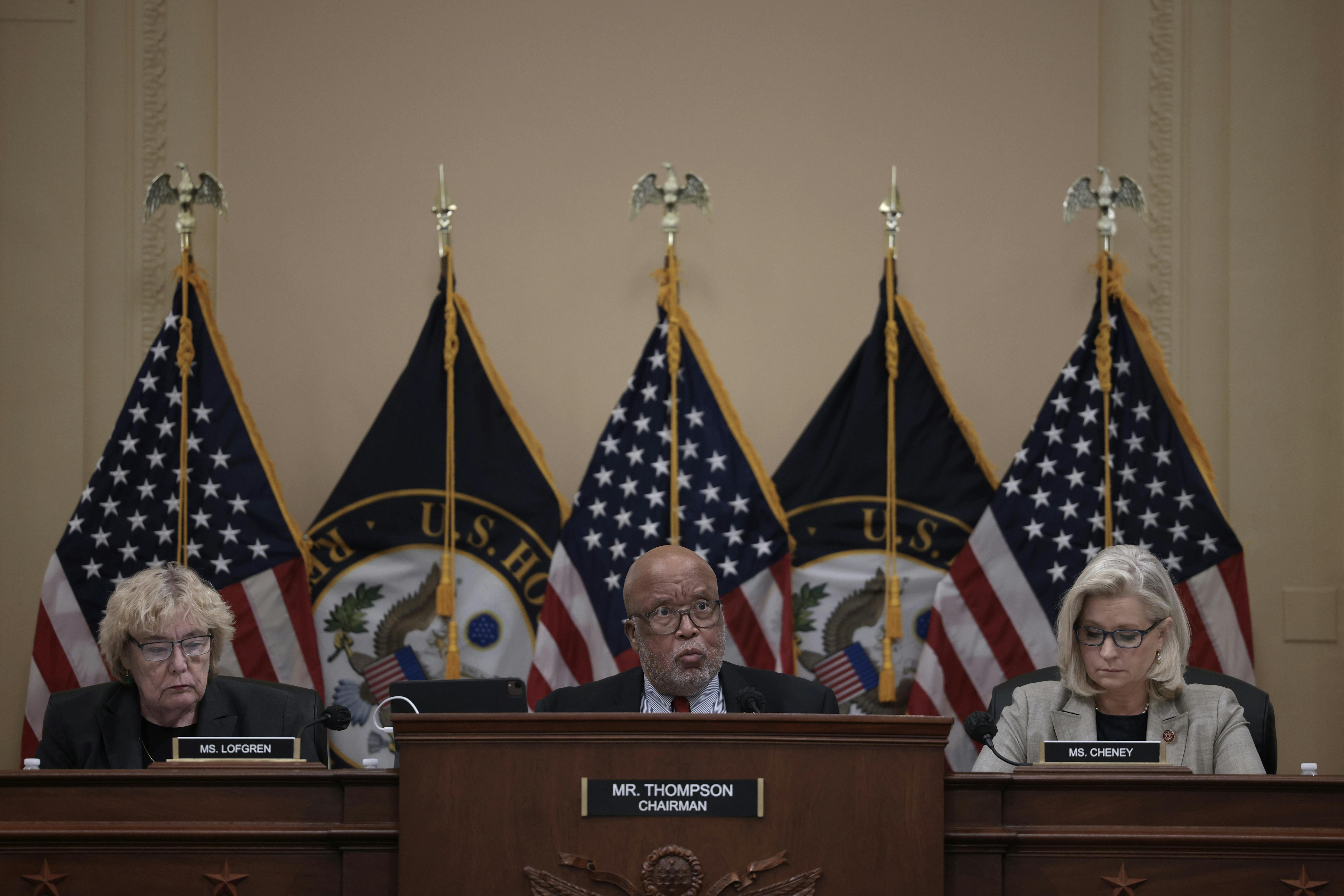 Rep. Bennie Thompson, chair of the select committee investigating the January 6 attack, is flanked by fellow members Zoe Lofgren and Liz Cheney.