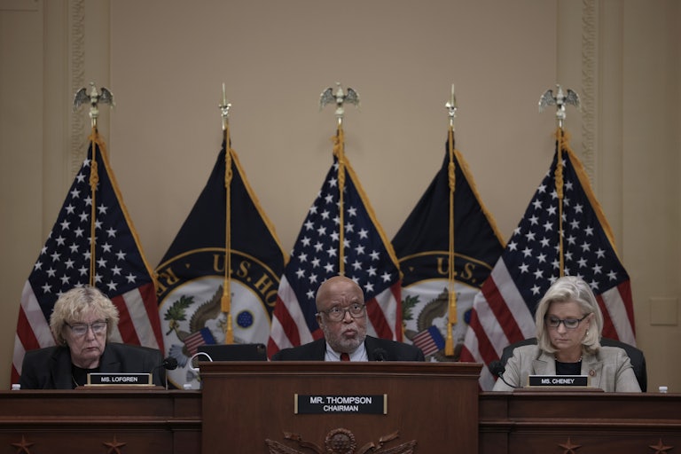 Rep. Bennie Thompson, chair of the select committee investigating the January 6 attack, is flanked by fellow members Zoe Lofgren and Liz Cheney.