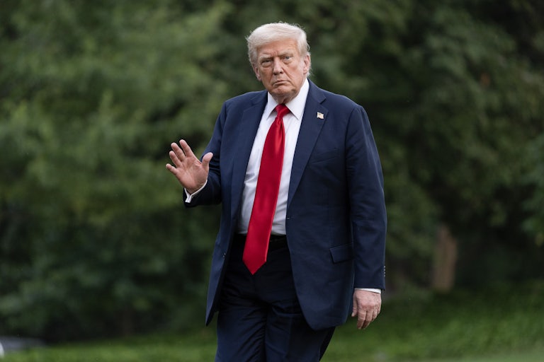 Donald Trump waves as he walks on the White House lawn.