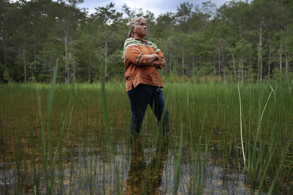 Betty Osceola stands in the Everglades a few yards from the front entrance to "Alligator Alcatraz" at the Dade-Collier Training and Transition Airport on July 10, 2025 in Ochopee, Florida.