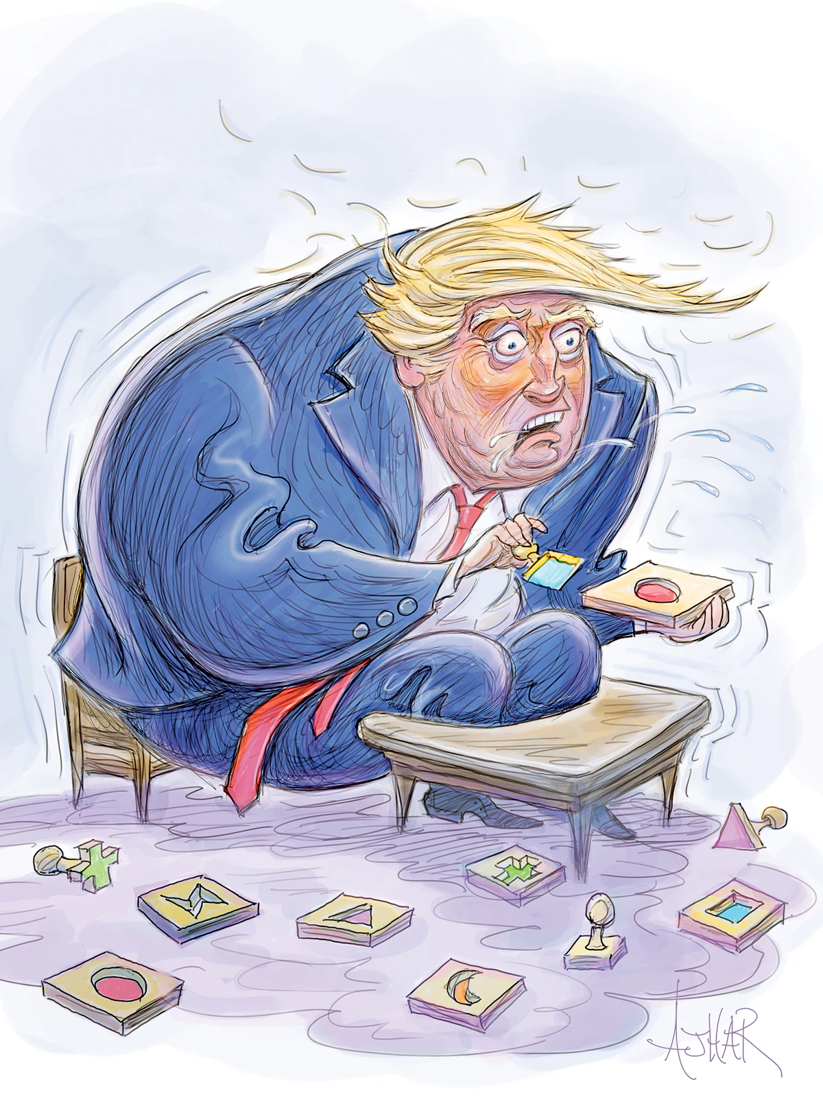 An illustration of Trump sitting in a child's school chair, looking confused, and trying to put a blue square into a round red hole.