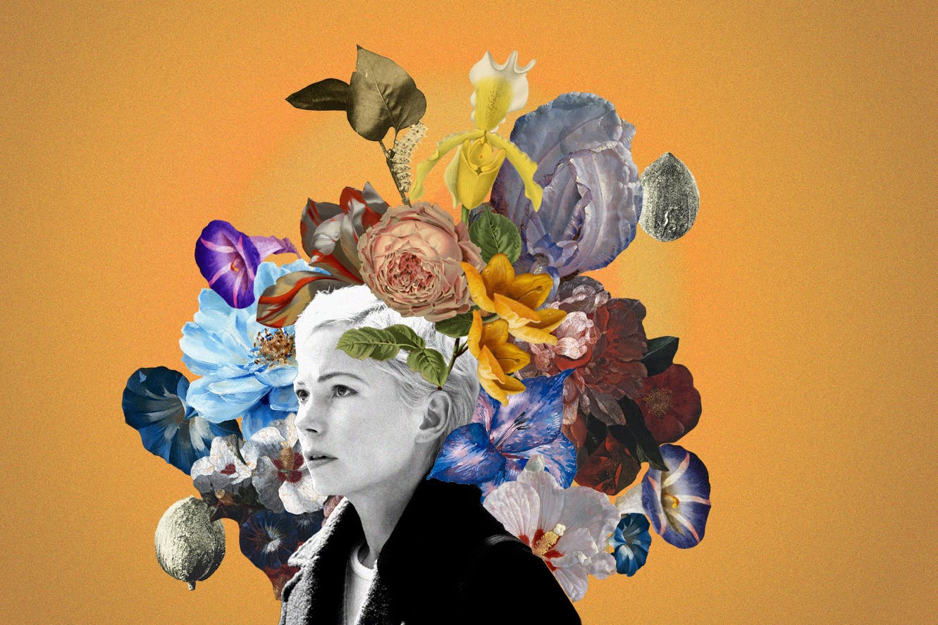A collage showing Michelle Williams as Molly, the main character in the television show Dying for Sex. Molly is shown with a bouquet of flowers exploding from her mind, symbolizing the blossoming sexual desires that she has after receiving her terminal cancer diagnosis.