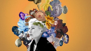 A collage showing Michelle Williams as Molly, the main character in the television show Dying for Sex. Molly is shown with a bouquet of flowers exploding from her mind, symbolizing the blossoming sexual desires that she has after receiving her terminal cancer diagnosis.