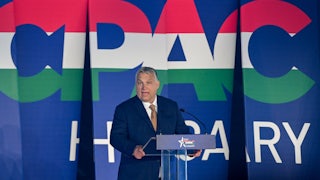 Hungarian strongman Viktor Orban delivers a speech at the Conservative Political Action Conference in Budapest. 