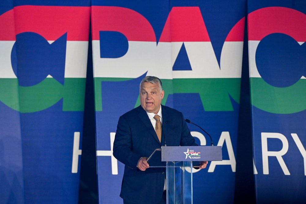 Hungarian strongman Viktor Orban delivers a speech at the Conservative Political Action Conference in Budapest.
