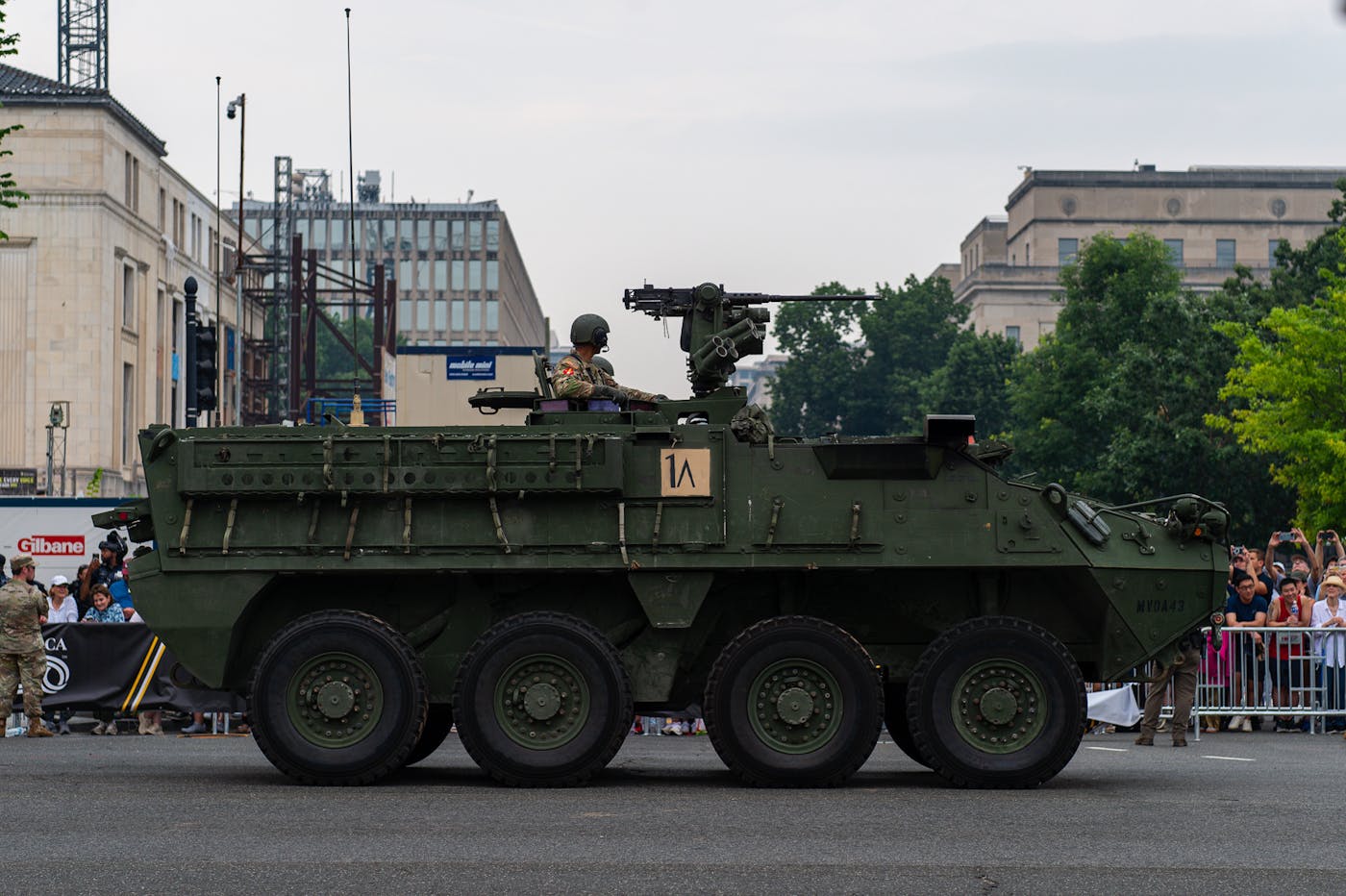 A U.S. Army Stryker Vehicle moves down Constitution Avenue during the Army’s 250th Anniversary Parade. The Stryker is used to used to transport troops over the world in every theatre, including the U.S. southern border, Ukraine, and Korea. 