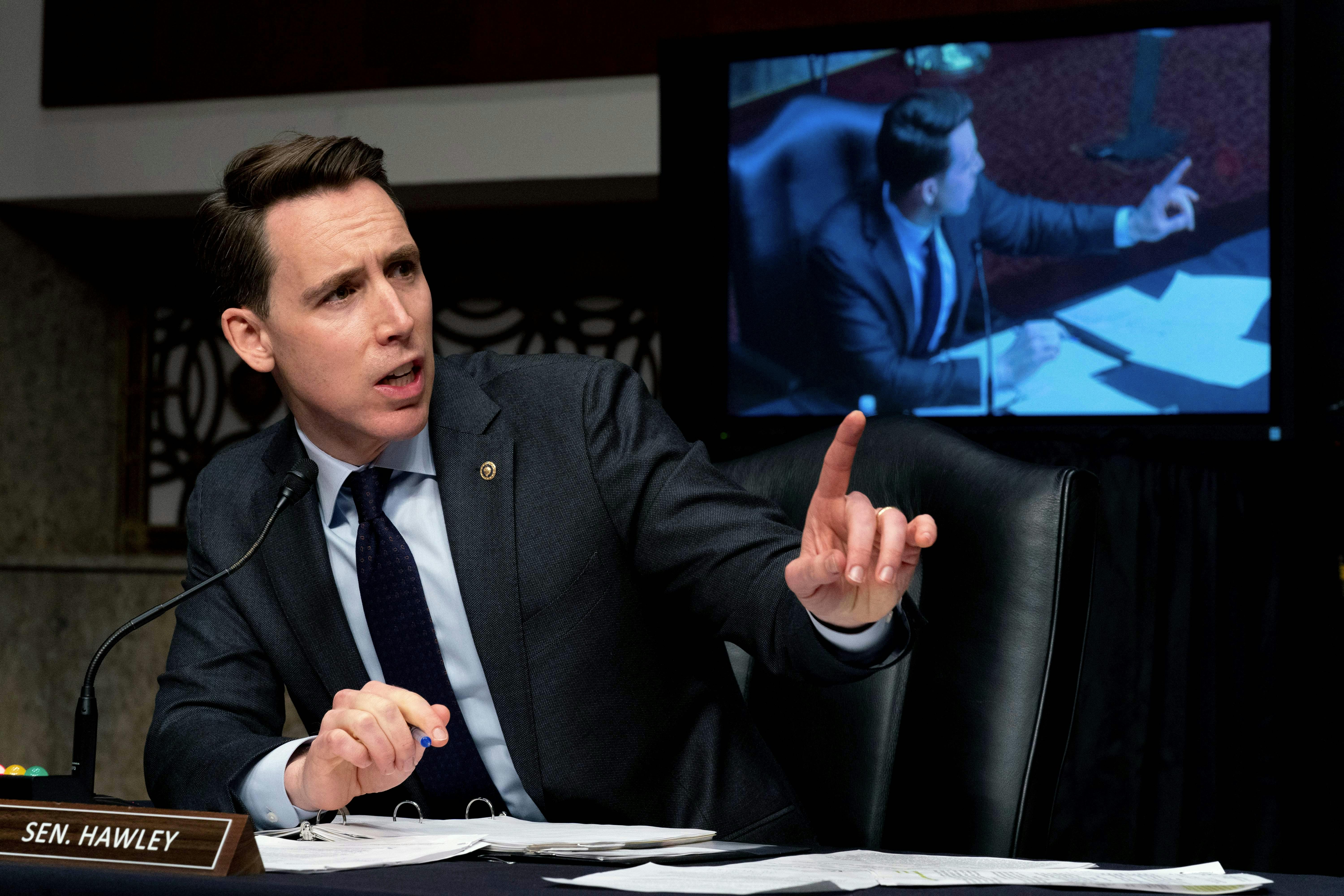 Senator Josh Hawley speaks at a Senate Homeland Security and Governmental Affairs & Senate Rules and Administration joint hearing on Capitol Hill