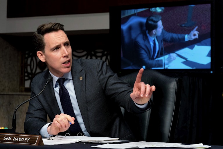 Senator Josh Hawley speaks at a Senate Homeland Security and Governmental Affairs & Senate Rules and Administration joint hearing on Capitol Hill