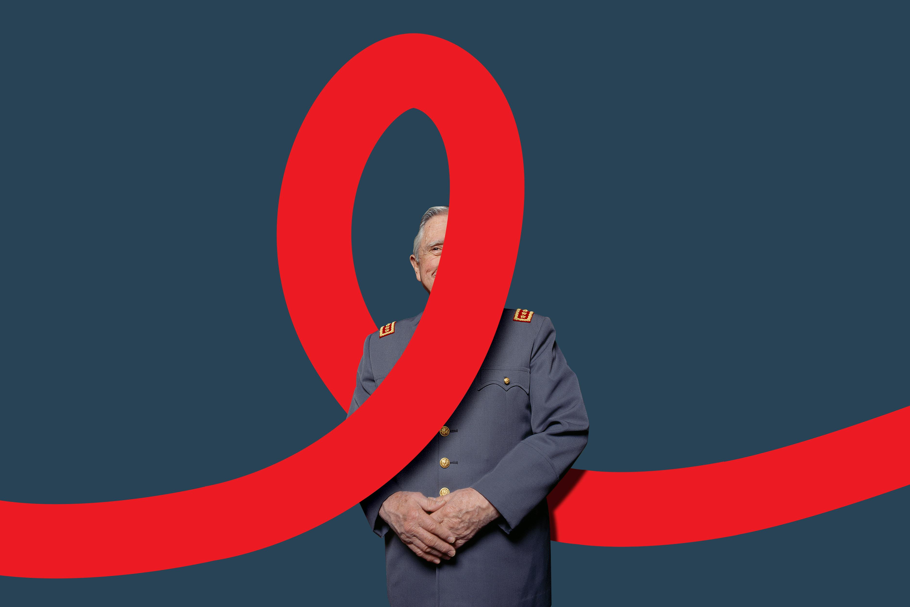 A photo illustration of Augusto Pinochet half hidden by a red loop