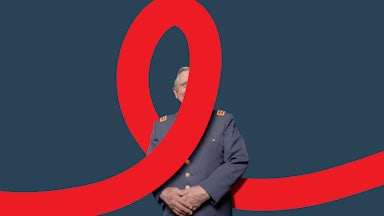 A photo illustration of Augusto Pinochet half hidden by a red loop