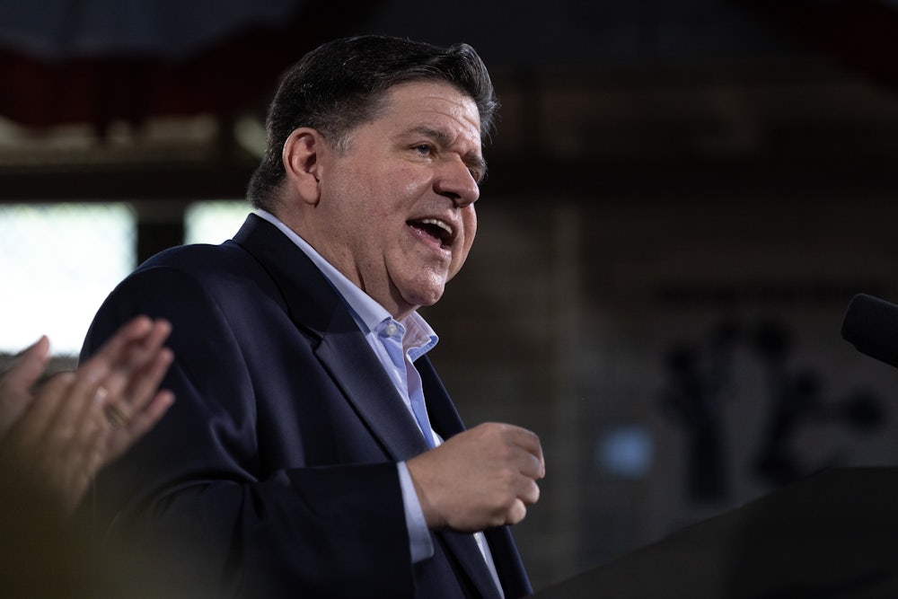 Illinois Governor JB Pritzker speaks during a rally where he announced he would be seeking a third term in the Illinois governor’s office.