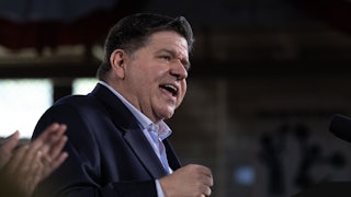 Illinois Governor JB Pritzker speaks during a rally where he announced he would be seeking a third term in the Illinois governor’s office.