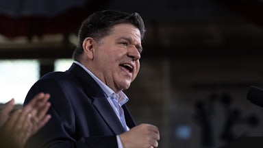 Illinois Governor JB Pritzker speaks during a rally where he announced he would be seeking a third term in the Illinois governor’s office.
