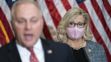 Rep. Liz Cheney and Rep. Steve Scalise at a press conference