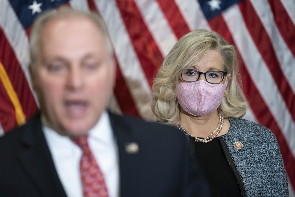 Rep. Liz Cheney and Rep. Steve Scalise at a press conference