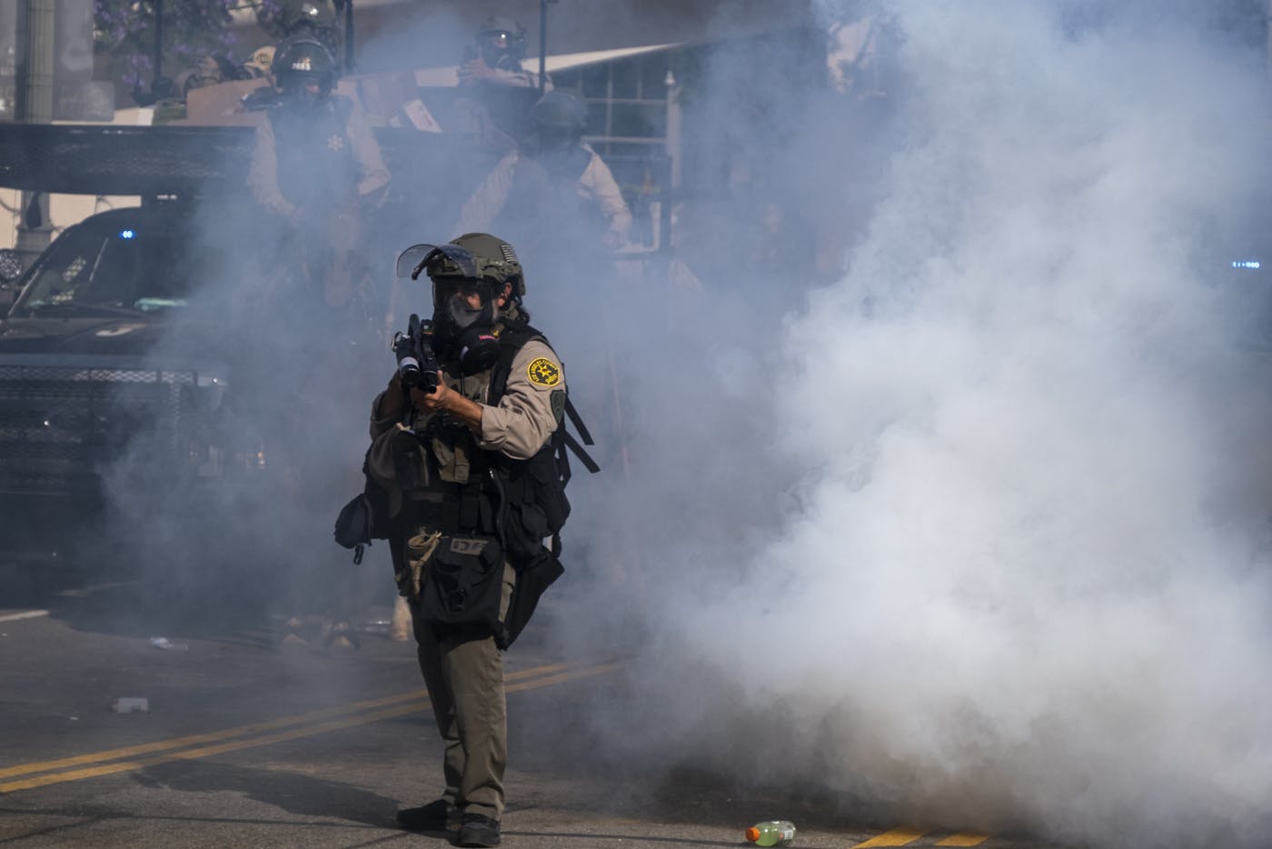 Protestors against President Donald Trump after the “No Kings protest clash with LAPD and Sheriff Department near City Hall in downtown Los Angeles, June 14, 2025.