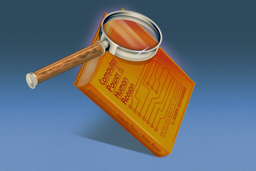 illustration of the cover of the book Computer Power and Human reason by Joseph Weizenbaum with a magnifying glass