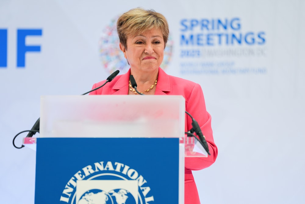 Kristalina Georgieva stands at a podium.