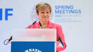 Kristalina Georgieva stands at a podium.