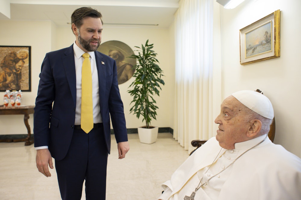 Pope Francis meets with Vice President JD Vance during an audience at Casa Santa Marta on April 20, 2025 in Vatican City.