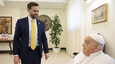 Pope Francis meets with Vice President JD Vance during an audience at Casa Santa Marta on April 20, 2025 in Vatican City.