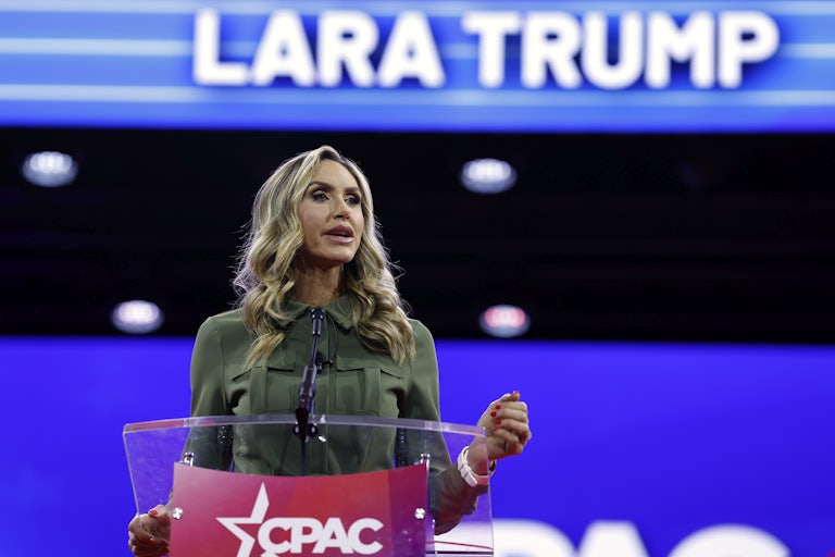 Lara Trump speaks at a CPAC lectern