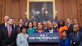 Nancy Pelosi with other Democratic leaders in support of HR 1.