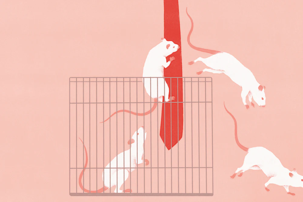 A conceptual illustration of four mice escaping a lab cage by clinging onto a red tie