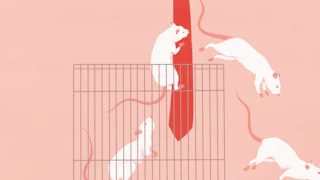 A conceptual illustration of four mice escaping a lab cage by clinging onto a red tie