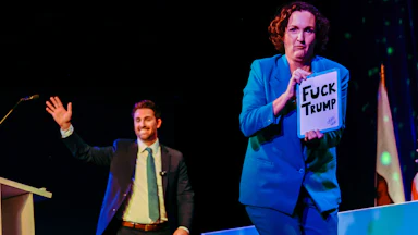 Gubernatorial candidate Katie Porter exits as fellow candidate Ian Calderon enters the stage