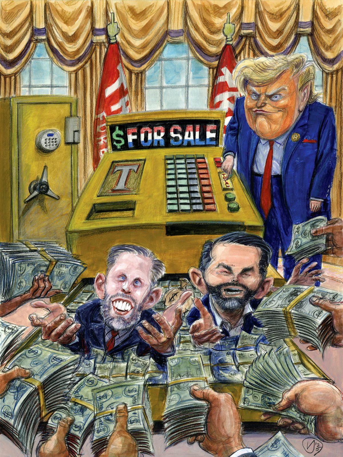 A cartoonish drawing of Donald Trump and his sons in the Oval Office grabbing cash from multiple unseen hands and a cash register that says dollars for sale