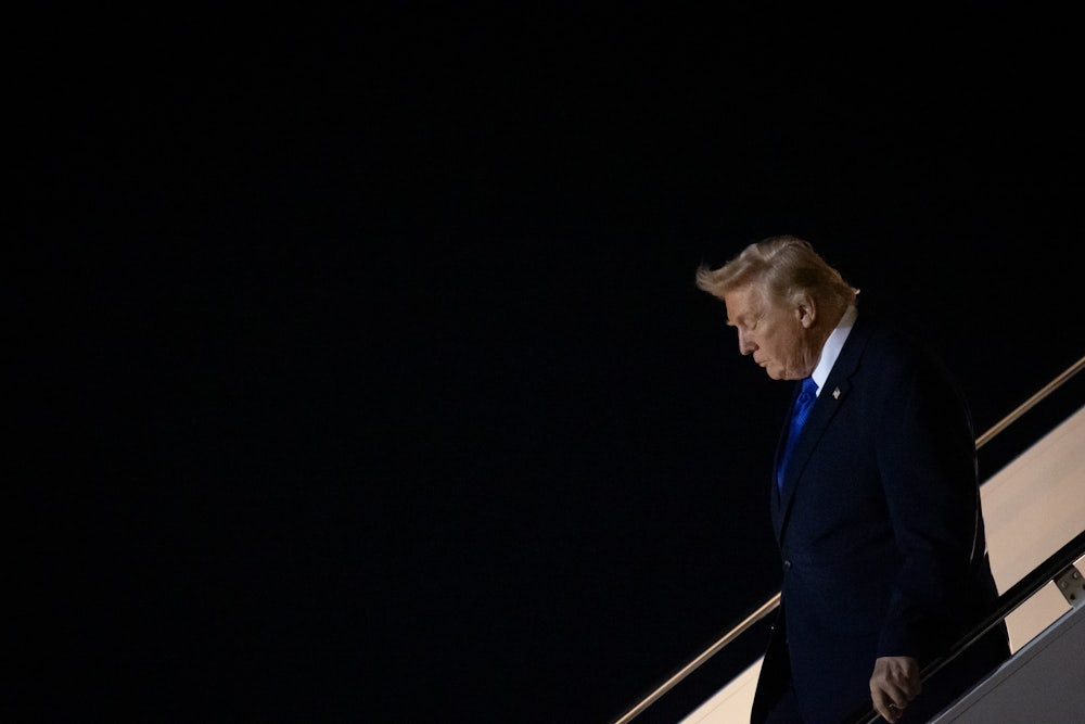 Donald Trump steps off of Air Force One at Palm Beach International Airport on February 6, 2026 in Palm Beach, Florida.