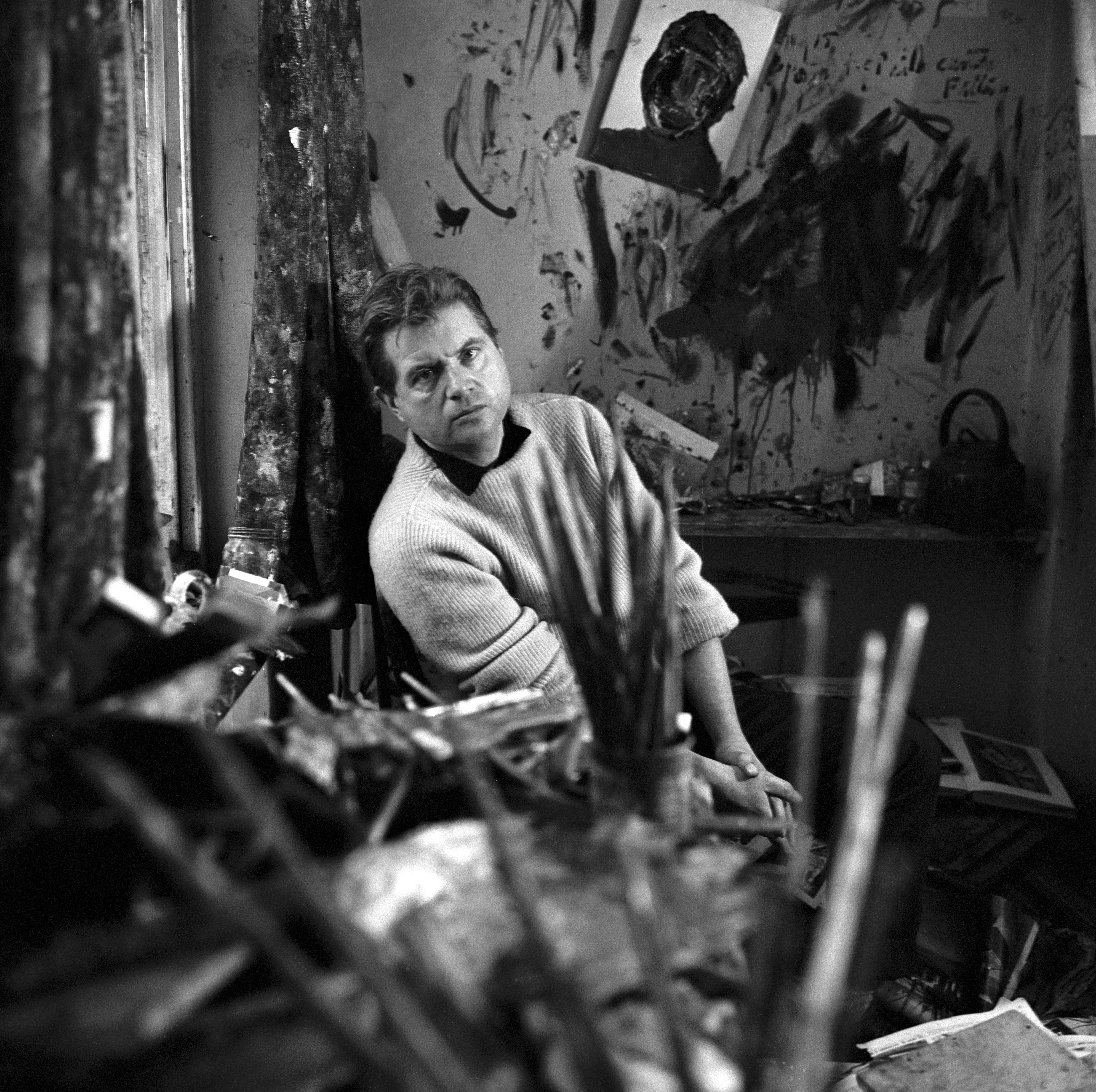 Francis Bacon in his studio at Overstrand Mansions in Battersea.