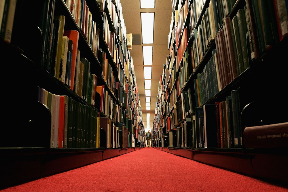 Library with two tall rows of books