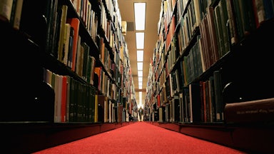 Library with two tall rows of books