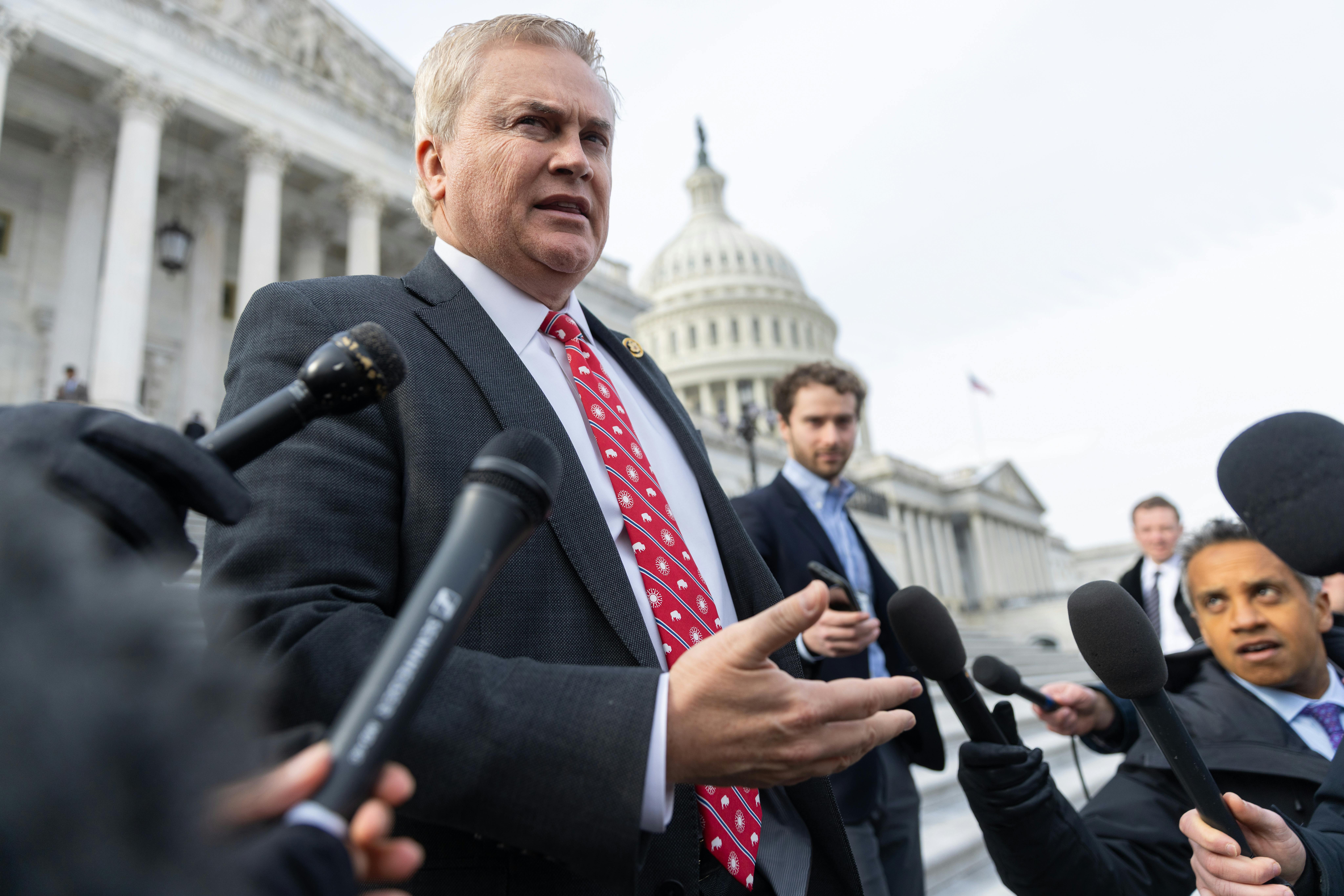 Representative James Comer speaks to reporters outside the Capitol