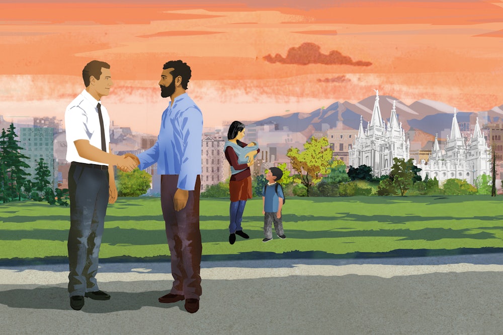 An illustration showing a friendly interaction between a Mormon and an immigrant family, with the skyline of Salt Lake City and a Mormon temple in the background