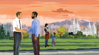An illustration showing a friendly interaction between a Mormon and an immigrant family, with the skyline of Salt Lake City and a Mormon temple in the background