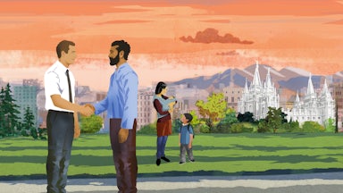 An illustration showing a friendly interaction between a Mormon and an immigrant family, with the skyline of Salt Lake City and a Mormon temple in the background