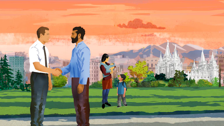 An illustration showing a friendly interaction between a Mormon and an immigrant family, with the skyline of Salt Lake City and a Mormon temple in the background