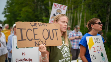 People protest against ICE in Biddeford, Maine, after the fatal shooting of Joan Sebastian Guerrero.