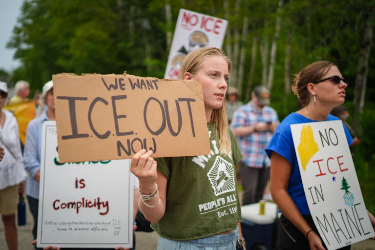 People protest against ICE in Biddeford, Maine, after the fatal shooting of Joan Sebastian Guerrero.