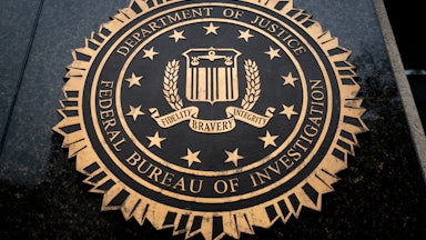 The FBI seal on the side of the bureau building in Washington, D.C.