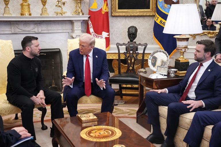 Ukrainian President Volodymyr Zelenskiy, Donald Trump, and JD Vance sit in the Oval Office