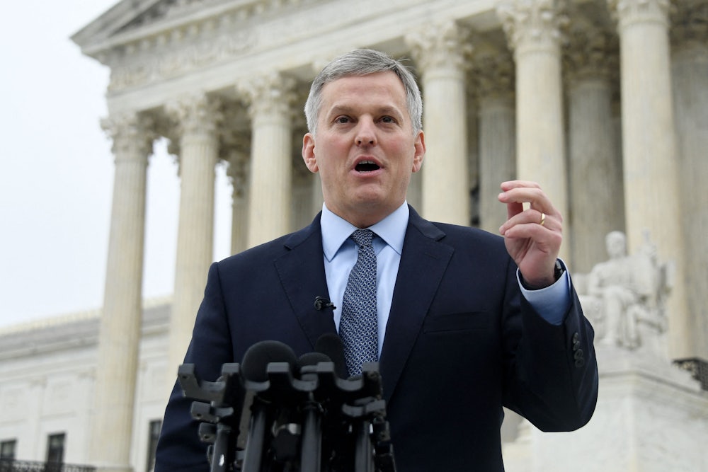 North Carolina Attorney General Josh Stein speaks in front of the U.S. Supreme Court after oral arguments in Moore v. Harper.