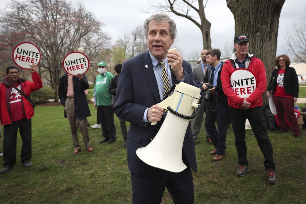 Sen. Sherrod Brown speaks to Senate cafeteria workers and union members on Capitol Hill