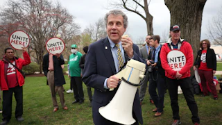 Sen. Sherrod Brown speaks to Senate cafeteria workers and union members on Capitol Hill