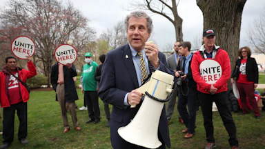 Sen. Sherrod Brown speaks to Senate cafeteria workers and union members on Capitol Hill